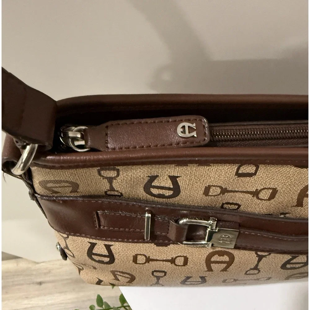 Vintage Etienne Aigner Signature Brown Logo All Over Print Purse Bag